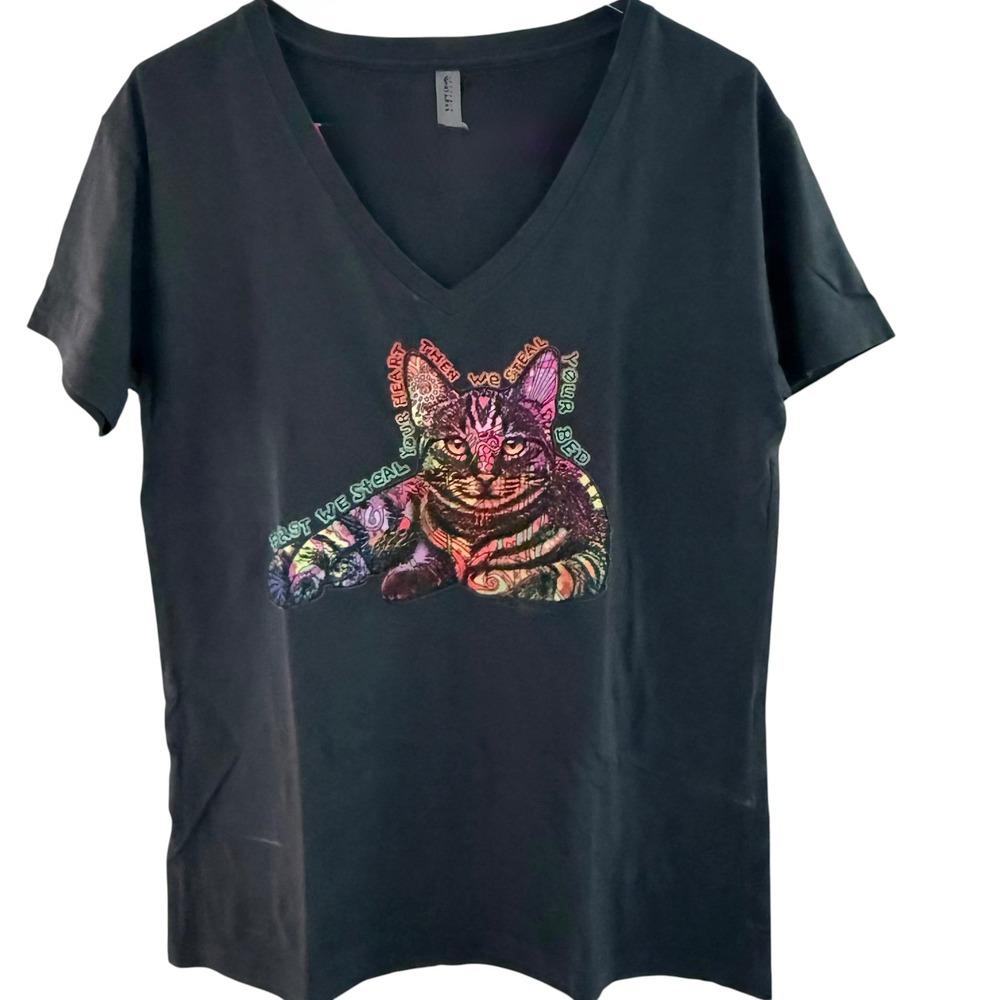 Next Level Apparel Cat Graphic T-Shirt Womens Large Navy Excellent V-Neck Tee - Picture 3 of 8